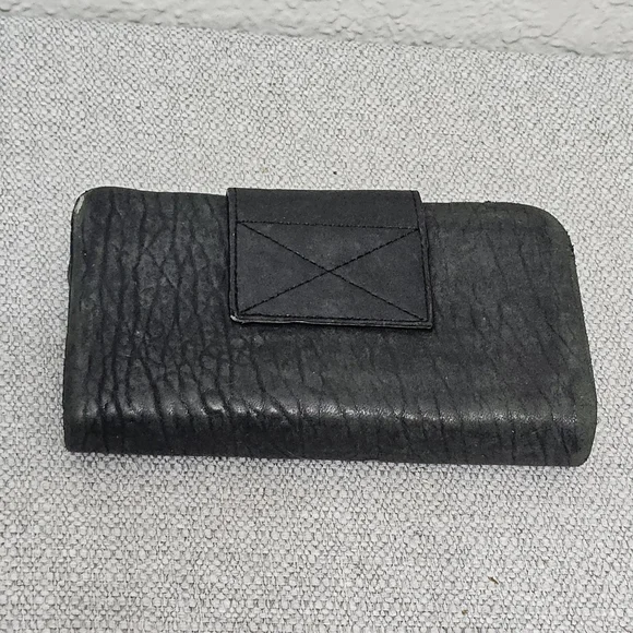 AllSaints Black Distressed Leather Tri Fold Wallet Zip Pocket - Picture 2 of 11